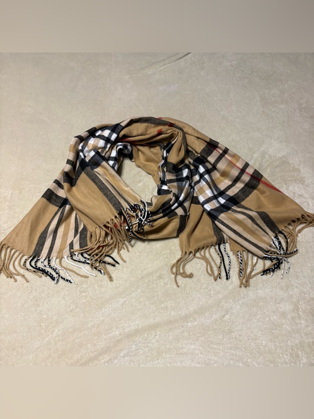Plaid Fringe Wrap Scarf in Tan